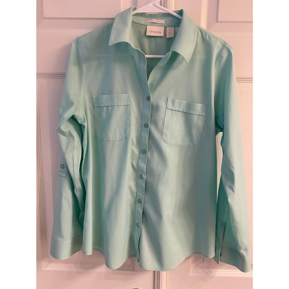 Chico's Mint Green Button Down No Iron Long Sleeve Blouse Size 0 (S 4) EUC